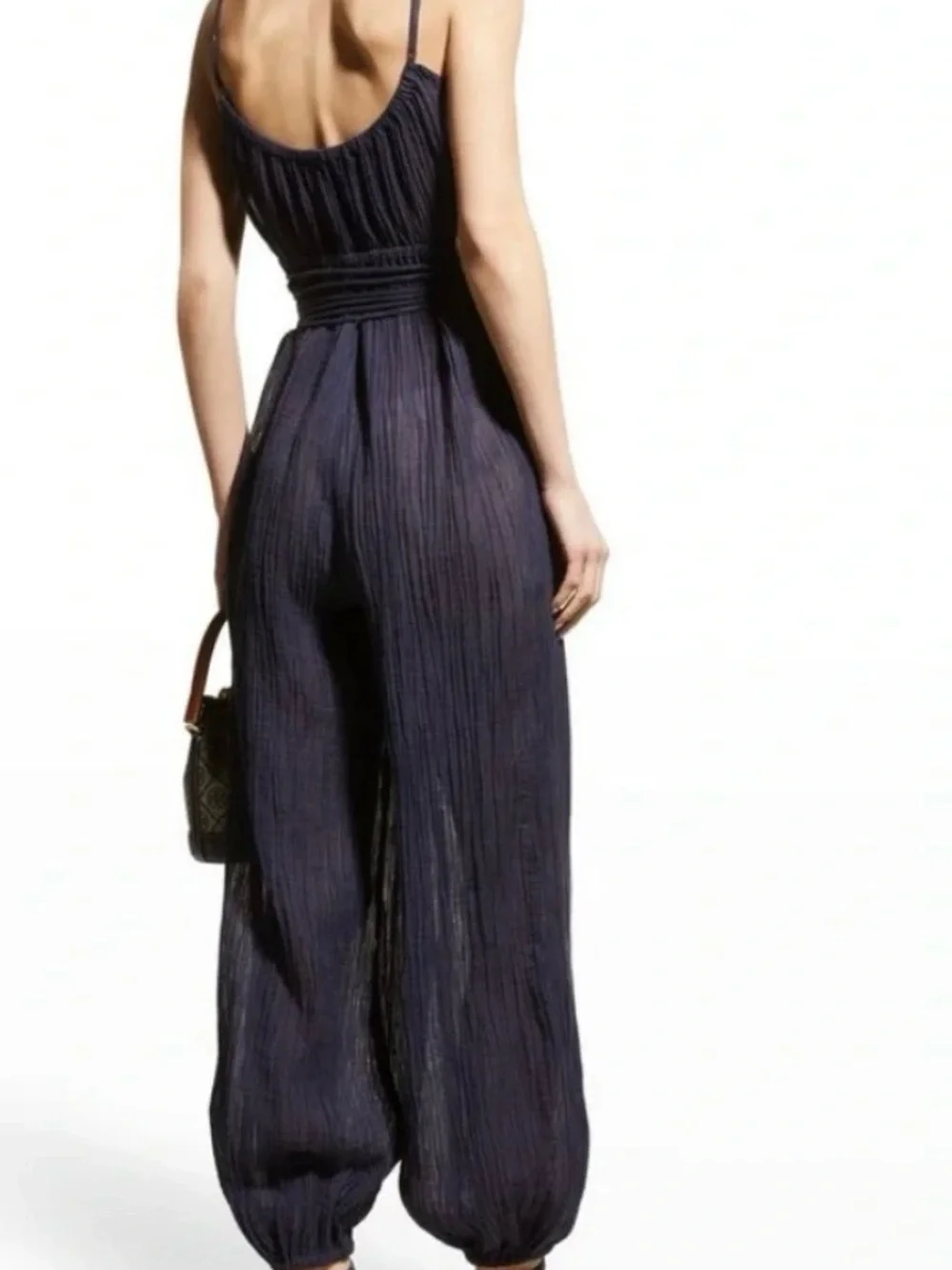 Tory Burch Ramie Cotton Gauze Jumpsuit Navy Tie Waist Balloon Leg Harem Boho S